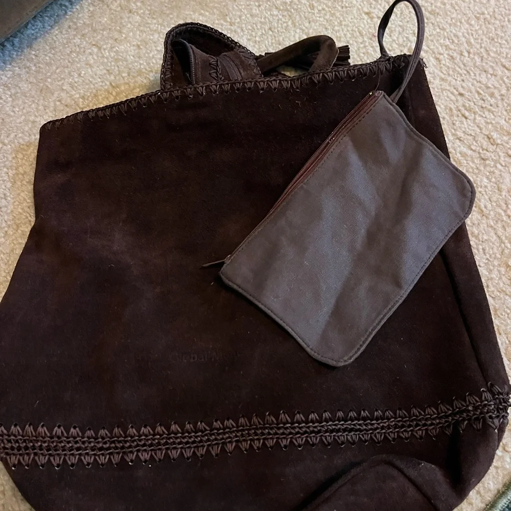 Brown Suede Tote Bag with Pouch